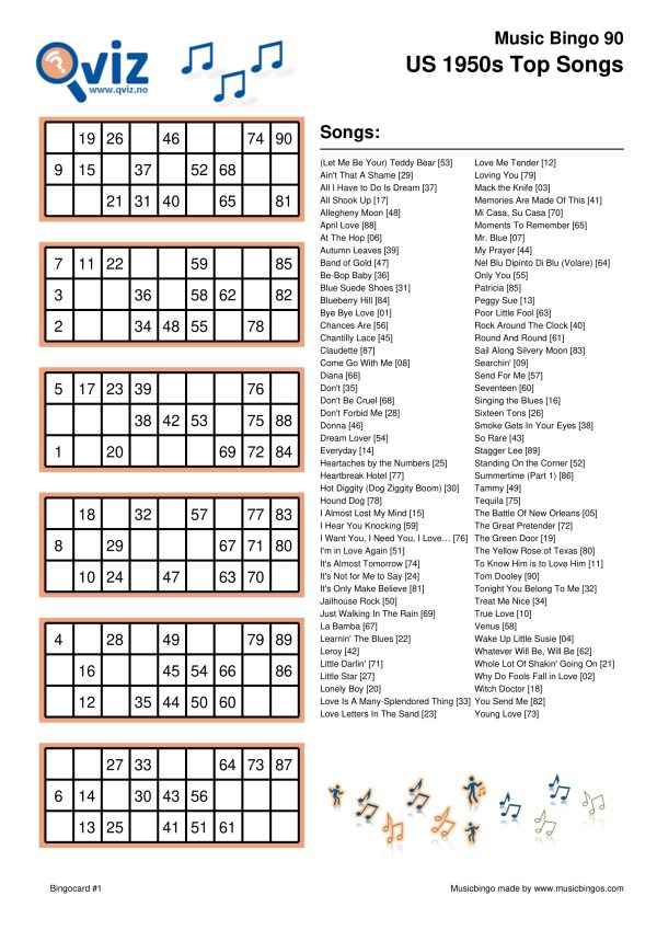 US 1950s Top Songs - Music Bingo 90 - Image 2