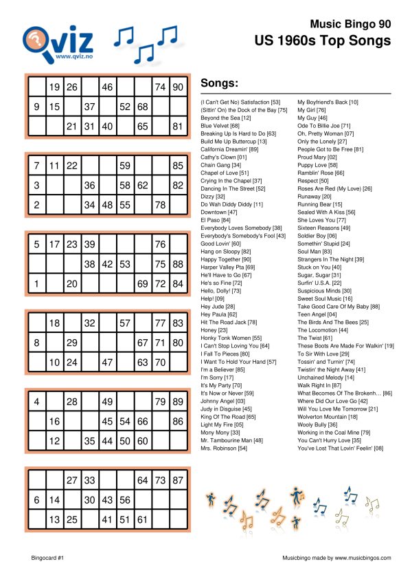 US 1960s Top Songs - Music Bingo 90 - Image 2