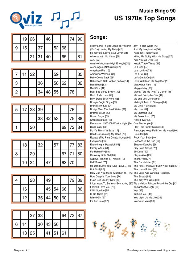 US 1970s Top Songs - Music Bingo 90 - Image 2