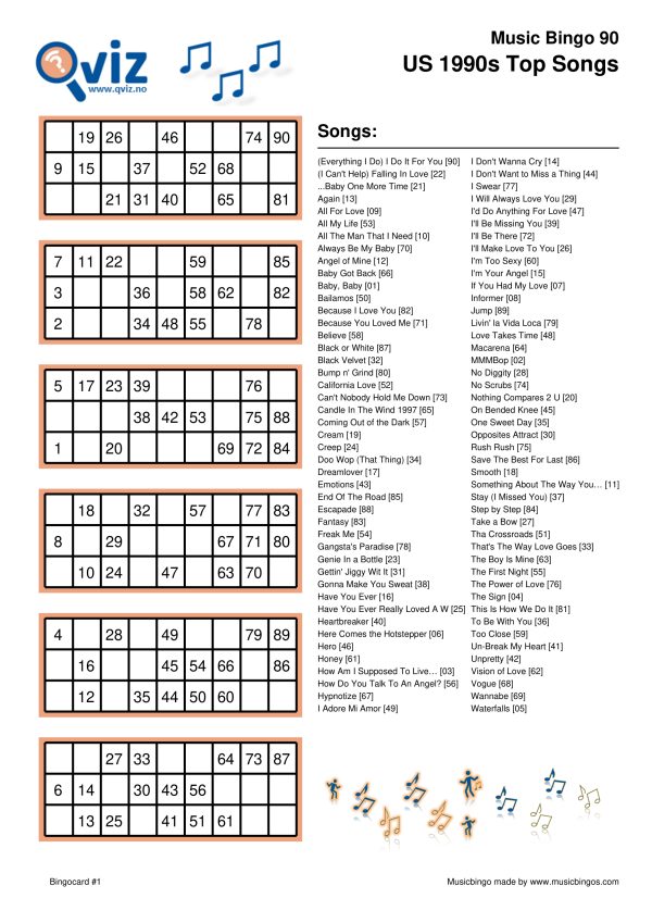 US 1990s Top Songs - Music Bingo 90 - Image 2