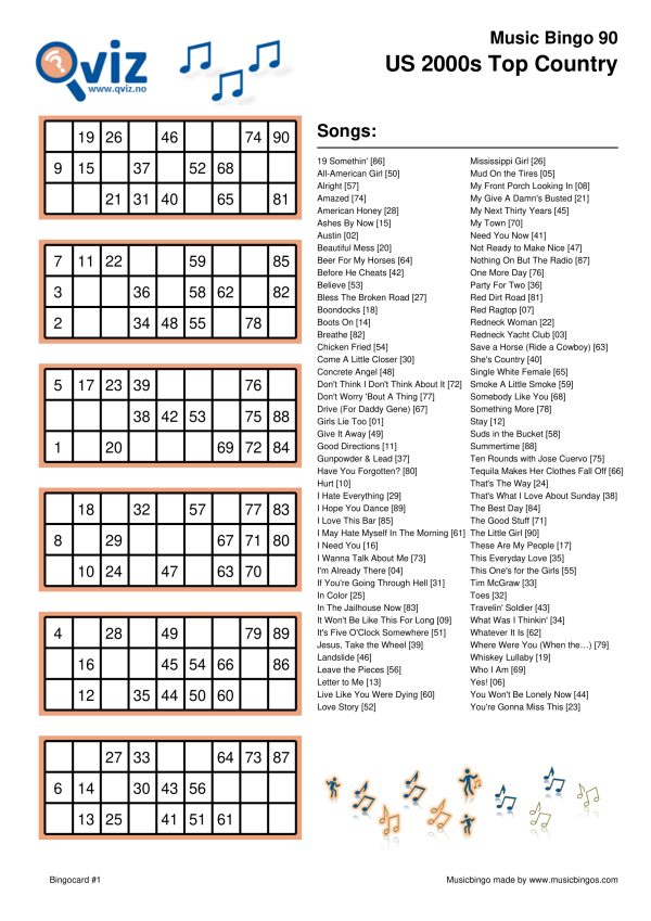 US 2000s Top Country - Music Bingo 90 - Image 2