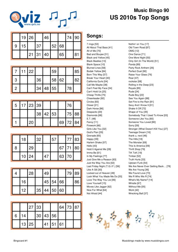 US 2010s Top Songs - Music Bingo 90 - Image 2