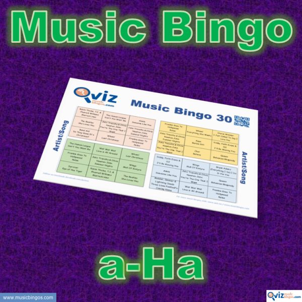 Music bingo with 30 songs by a-ha. Test your friends and get to know a-ha's songs. PDF file with 100 bingo boards and link to Spotify playlist.