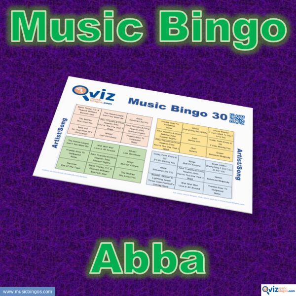 Music bingo with 30 songs by Abba. Test your friends and get to know Abba's songs. PDF file with 100 bingo boards and link to Spotify playlist.