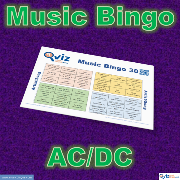 Music bingo with 30 songs by AC/DC. Test your friends and get to know AC/DC's songs. PDF file with 100 bingo boards and link to Spotify playlist.