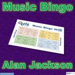 Music bingo with 30 songs by Alan Jackson. Test your friends and get to know his songs. PDF file with 100 bingo boards and link to Spotify playlist.