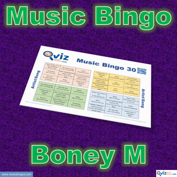 Music bingo with 30 songs by Boney M. Test your friends and get to know their songs. PDF file with 100 bingo boards and link to Spotify playlist.