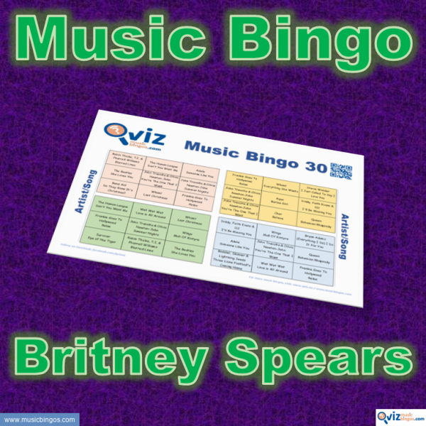 Music bingo with 30 songs by and with Britney Spears. Test your friends and get to know the artist. PDF file with 100 boards and link to playlist.
