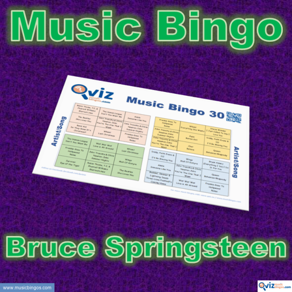 Music bingo with 30 songs by Bruce Springsteen. Test your friends and get to know his songs. PDF file with 100 bingo boards and link to Spotify playlist.
