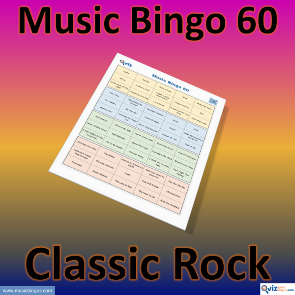 Music bingo with 60 classic rock songs. Test your friends in the genre and enjoy good music. PDF file with 100 bingo boards and link to Spotify playlist.
