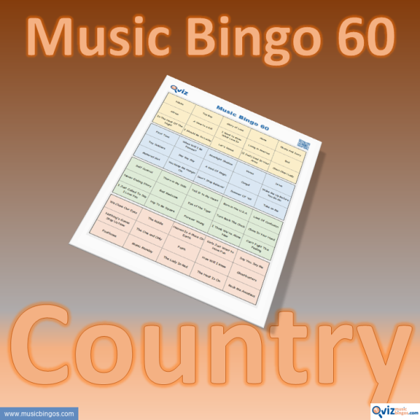 Music bingo with 60 country songs. Test your friends in the genre and enjoy good music. PDF file with 100 bingo boards and link to Spotify playlist.