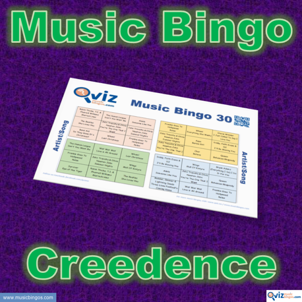 Music bingo with 30 songs by CCR. Test your friends and get to know their songs. PDF file with 100 bingo boards and link to Spotify playlist.