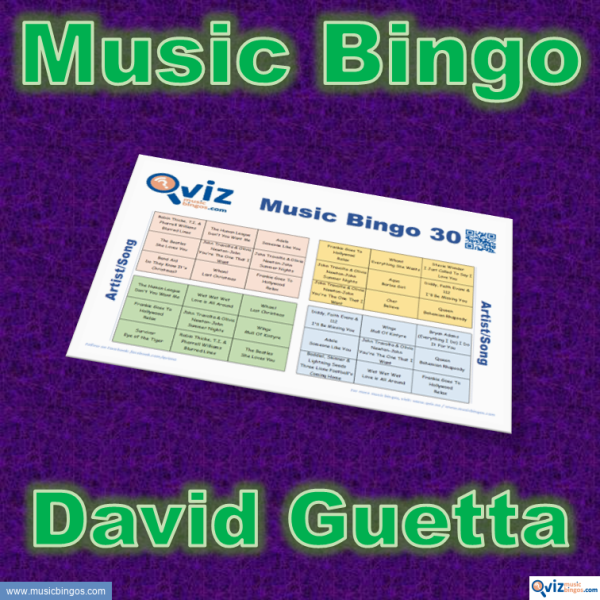 Music bingo with 30 songs by David Guetta. Test your friends and get to know his greatest hits. PDF file with 100 bingo boards and link to Spotify playlist.