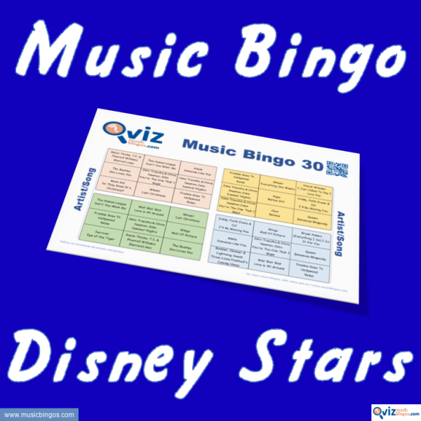 Music bingo with 30 songs by and with Disney stars. Test your friends and get to know the artists. PDF file with 100 boards and link to playlist.