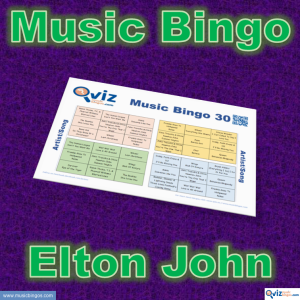 Music bingo with 30 songs by Elton John. Test your friends and get to know his greatest hits. PDF file with 100 bingo boards and link to Spotify playlist.