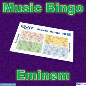 Music bingo with 30 songs by Eminem. Test your friends and get to know his greatest hits. PDF file with 100 bingo boards and link to Spotify playlist.