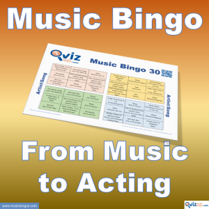 Music bingo with 30 songs by artists that went acting. Test your friends and get to know the artists. PDF file with 100 bingo boards and link to playlist.