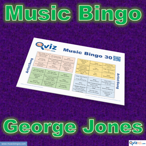 Music bingo with 30 country songs by George Jones. Test your friends and get to know his greatest hits. PDF file with 100 bingo boards and link to Spotify playlist.