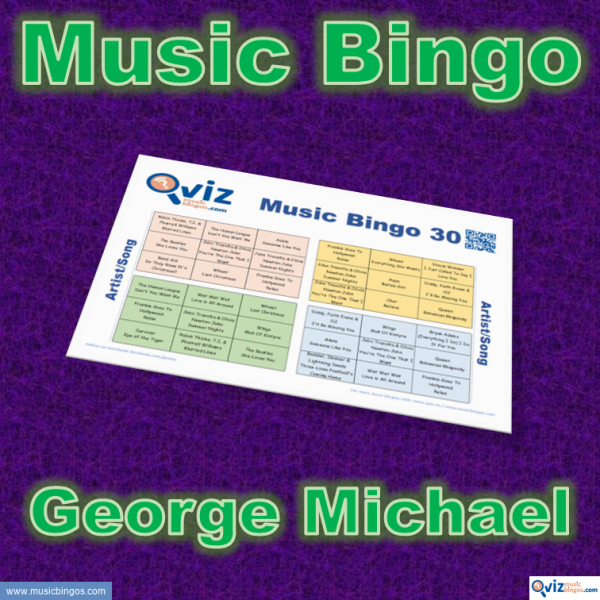 Music bingo with 30 songs by George Michael and Wham. Here you get their greatest hits. PDF file with 100 bingo boards and link to Spotify playlist.