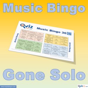 Music bingo with 30 songs by artists that went solo. Test your friends and get to know the artists. PDF file with 100 boards and link to playlist.