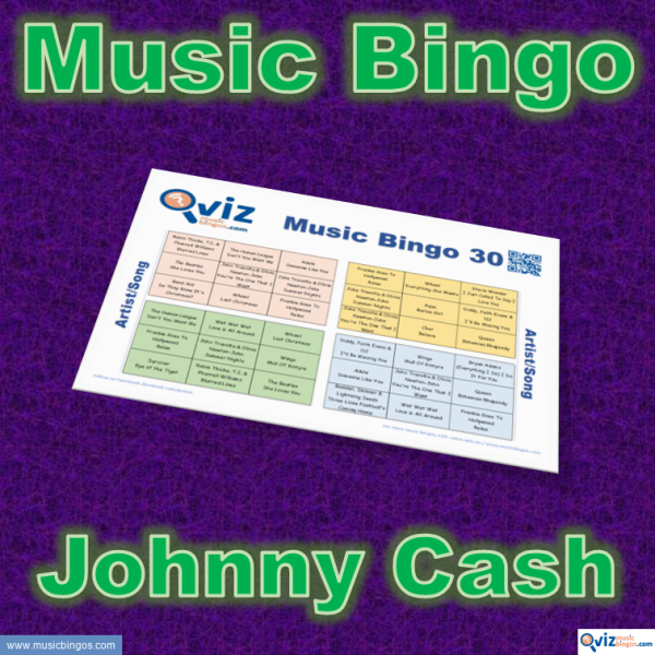 Music bingo with 30 country songs by Johnny Cash. Test your friends and get to know his greatest hits. PDF file with 100 bingo boards and link to Spotify playlist.