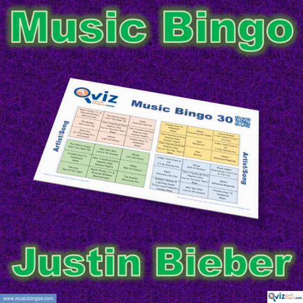 Music bingo with 30 songs by and including Justin Bieber. Get to know his greatest hits. PDF file with 100 bingo boards and link to Spotify playlist.