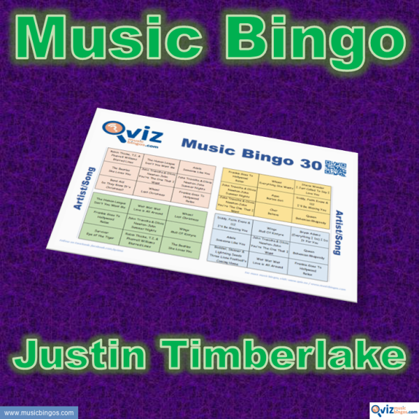 Music bingo with 30 songs by and with Justin Timberlake. Test your friends and get to know the artist. PDF file with 100 boards and link to playlist.