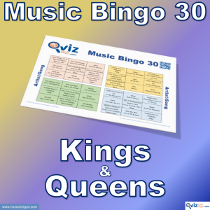 Music bingo with 30 songs from the Kings and Queens of different music genres. PDF file with 100 bingo boards and link to Spotify playlist is included.