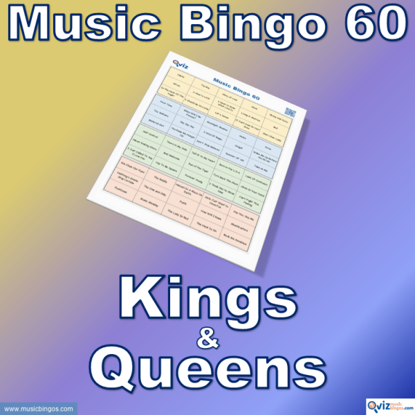 Music bingo with 60 songs from the Kings and Queens of different music genres. PDF file with 100 bingo boards and link to Spotify playlist is included.