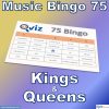Music bingo with 75 songs from the Kings and Queens of different music genres. PDF file with 100 bingo boards and link to Spotify playlist is included.