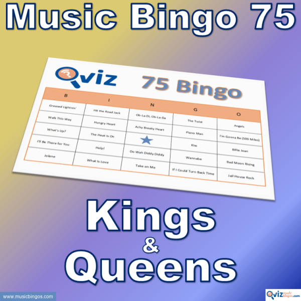 Music bingo with 75 songs from the Kings and Queens of different music genres. PDF file with 100 bingo boards and link to Spotify playlist is included.
