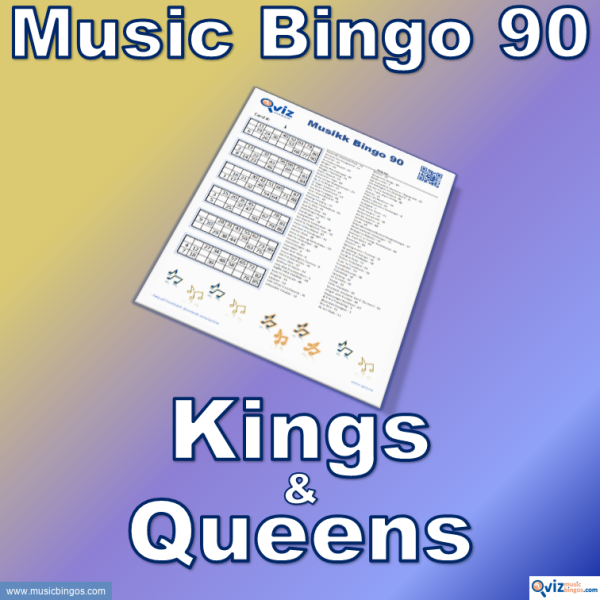 Music bingo with 90 songs from the Kings and Queens of different music genres. PDF file with 100 bingo boards and link to Spotify playlist is included.