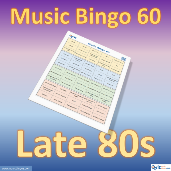 Music bingo with 60 well-known songs from the last years of the 1980s. Access to PDF file with 100 bingo boards and link to Spotify playlist.