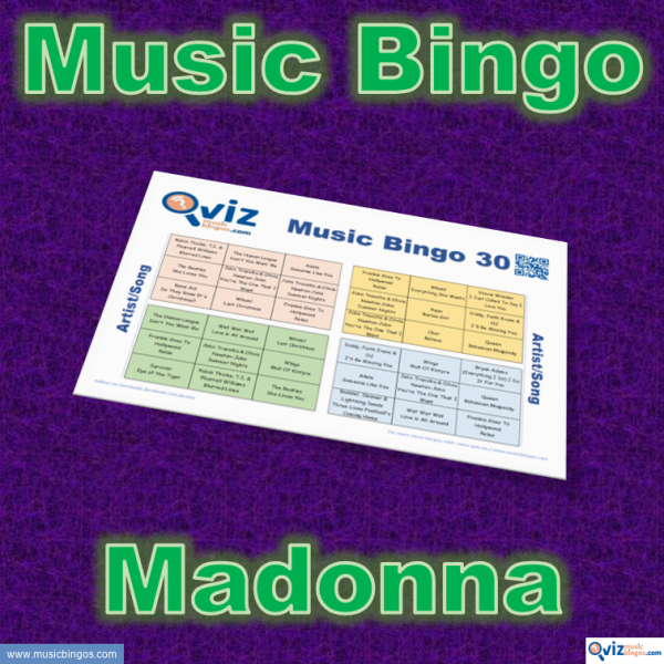 Music bingo with 30 songs by Madonna. Test your friends and get to know the artist. PDF file with 100 bingo boards and link to Spotify playlist.