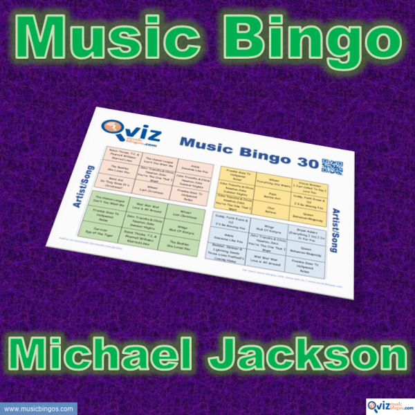 Music bingo with 30 songs by Michael Jackson. Test your friends and get to know the artist. PDF file with 100 bingo boards and link to Spotify playlist.
