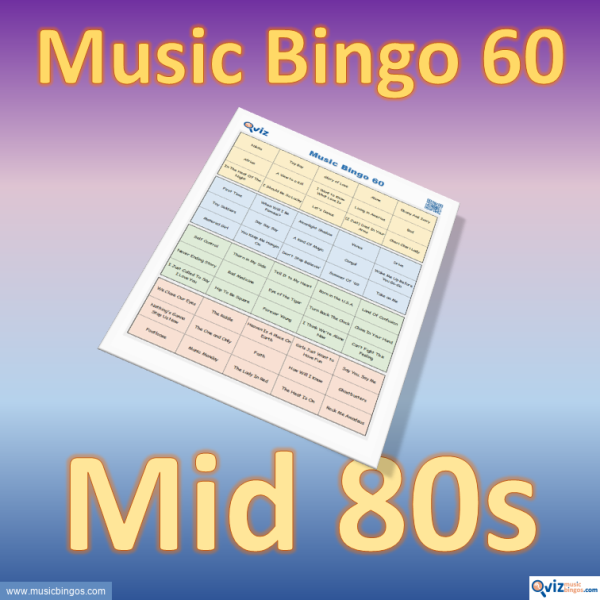 Music bingo with 60 well-known songs from the mid-1980s. Access to PDF file with 100 bingo boards and link to Spotify playlist.