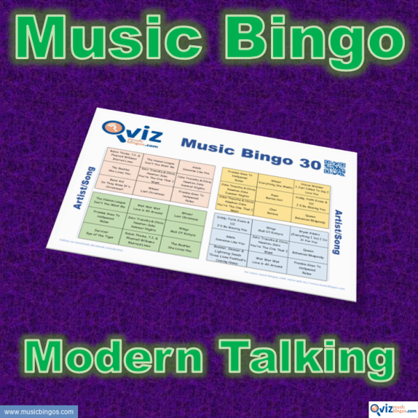 Music bingo with 30 songs by Modern Talking. Test your friends and get to know the artist. PDF file with 100 bingo boards and link to Spotify playlist.