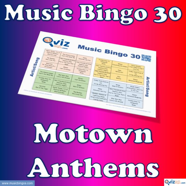 Music bingo with the 30 biggest and best-selling Motown songs of all time. PDF file with 100 bingo boards and link to Spotify playlist.