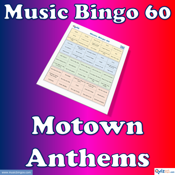 Music bingo with the 60 biggest and best-selling Motown songs of all time. PDF file with 100 bingo boards and link to Spotify playlist.