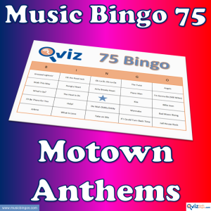 Music bingo with the 75 biggest and best-selling Motown songs of all time. PDF file with 100 bingo boards and link to Spotify playlist.