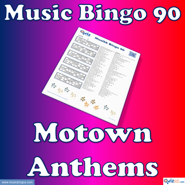 Music bingo with the 90 biggest and best-selling Motown songs of all time. PDF file with 100 bingo boards and link to Spotify playlist.