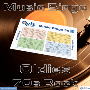 Music bingo with 30 of the greatest 70s rock hits! From guitar riffs to soaring vocals, relive the era of classic rock. PDF with 100 boards included.