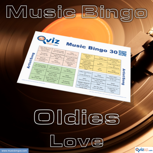 Music bingo with 30 of the most romantic love songs of the era that will make your heart skip a beat. PDF with 100 boards included.