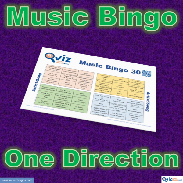 Music bingo with 30 songs by One Direction and the artists from the group. PDF file with 100 bingo boards and link to Spotify playlist.