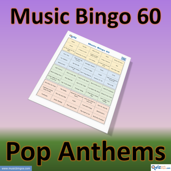 Music bingo with 60 famous pop songs from the past decades. High recognition factor. PDF file with 100 bingo boards and link to Spotify playlist.