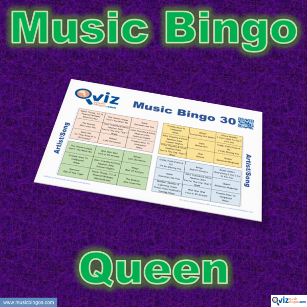 Music bingo with 30 songs by Queen and Freddie Mercury. Get to know the artist better. PDF file with 100 bingo boards and link to Spotify playlist.