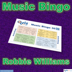 Music bingo with 30 songs by Robbie Williams. Test your friends and get to know the artist. PDF file with 100 bingo boards and link to Spotify playlist.