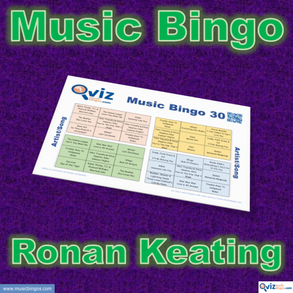 Music bingo with 30 songs by and with Ronan Keating. Test your friends and get to know the artist. PDF file with 100 boards and link to playlist.