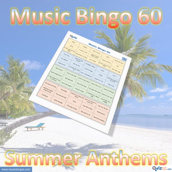 Music bingo with 60 songs that will put you in a good summer mood. PDF file with 100 bingo boards and link to Spotify playlist.