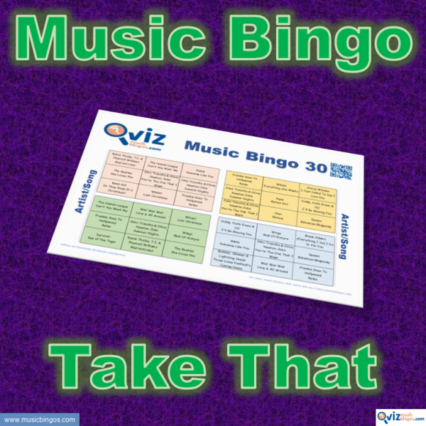 Music bingo with 30 songs by and with Take That members. Test your friends and get to know the artist. PDF file with 100 boards and link to playlist.